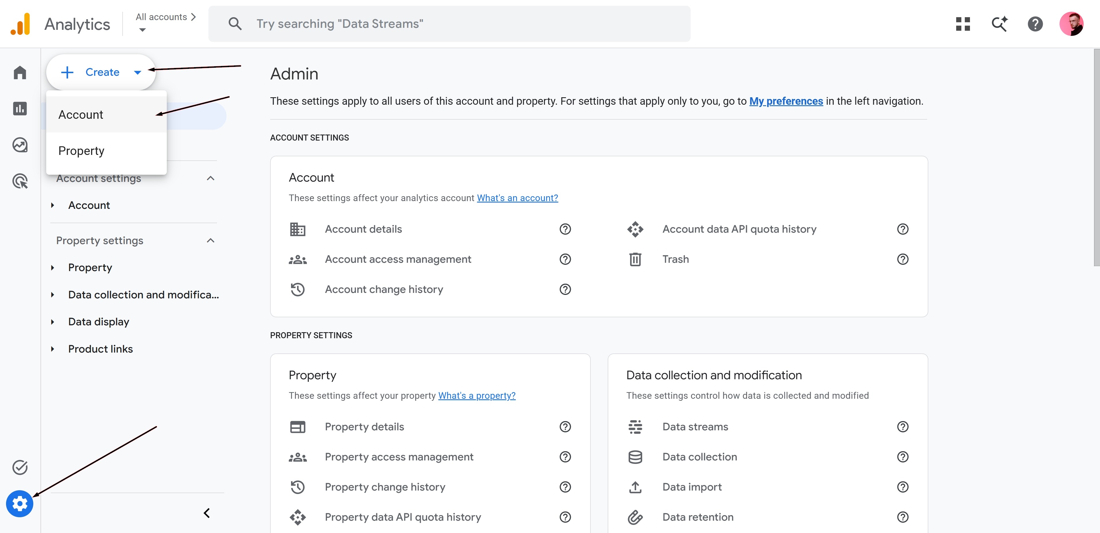 Google Analytics Admin panel with the + Create menu open, showing Account and Property options, and the Settings gear icon highlighted in the bottom-left sidebar