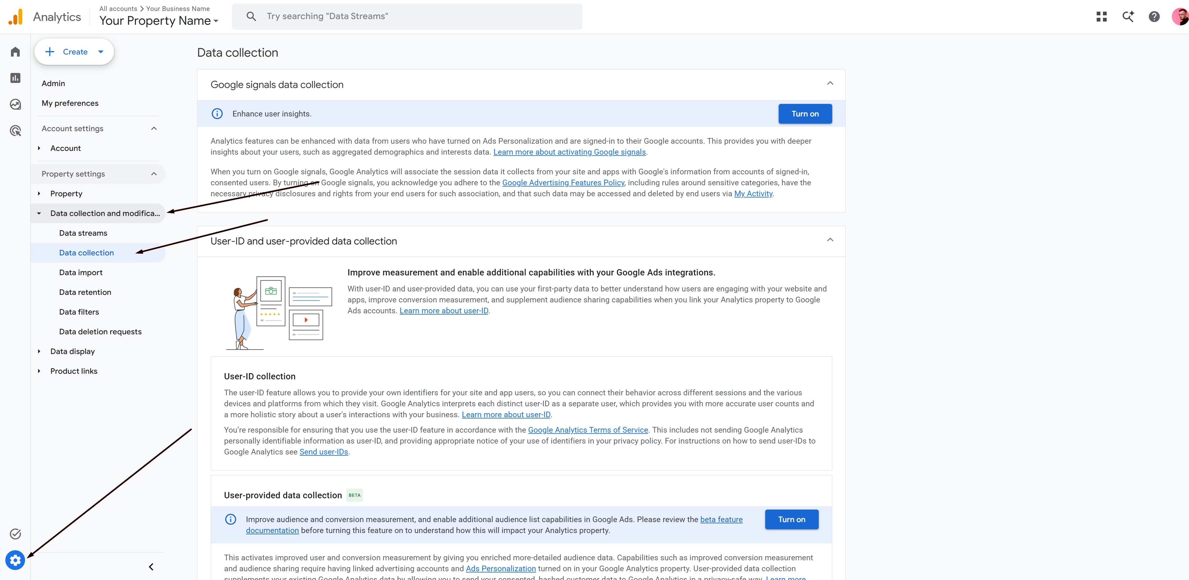 Google Analytics Admin panel navigated to Property settings, Data collection and modification, Data collection, showing the Google signals data collection and User-ID and user-provided data collection sections