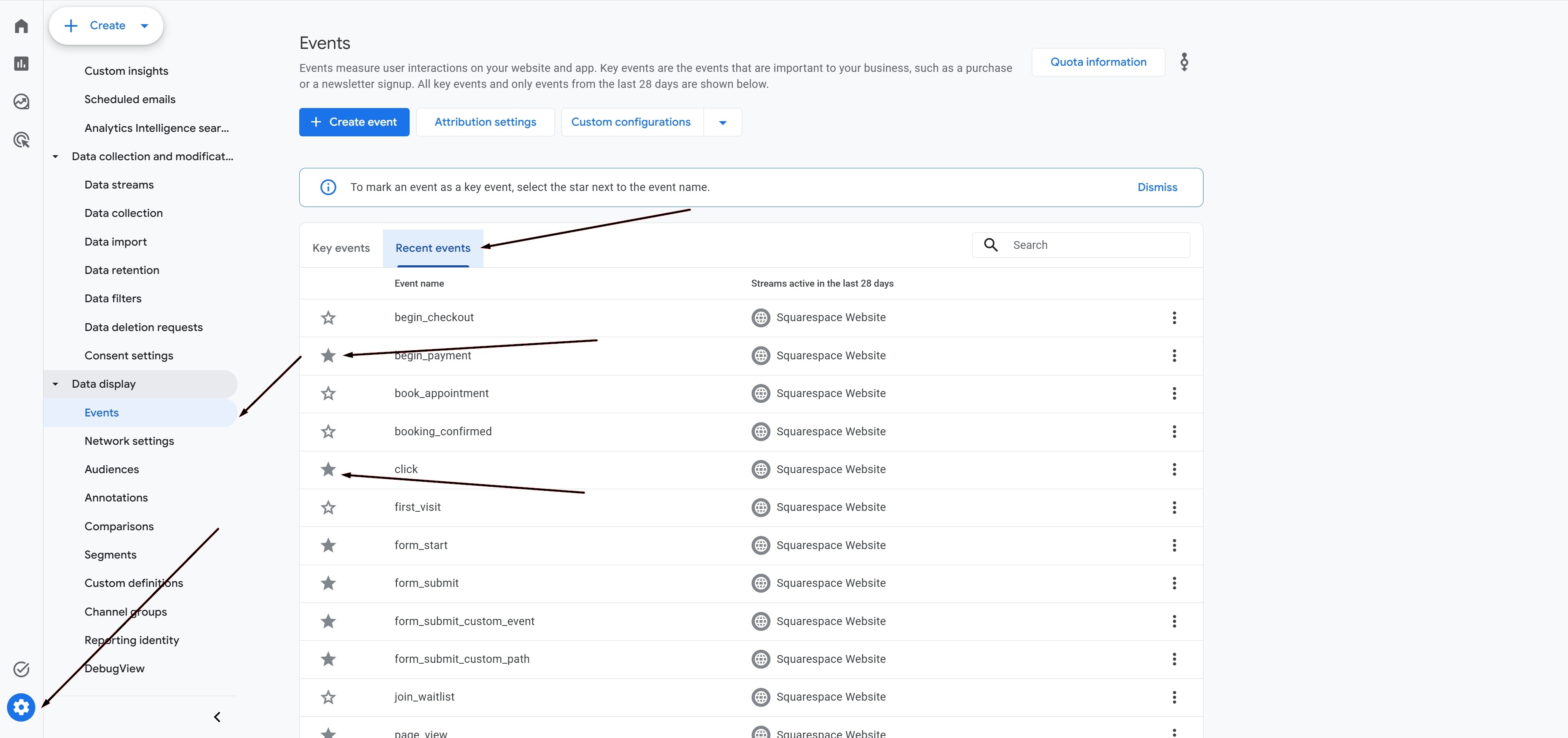 Google Analytics Events page, Recent events tab, with a star icon next to each event row used to promote it to a key event; begin_payment and click are already starred