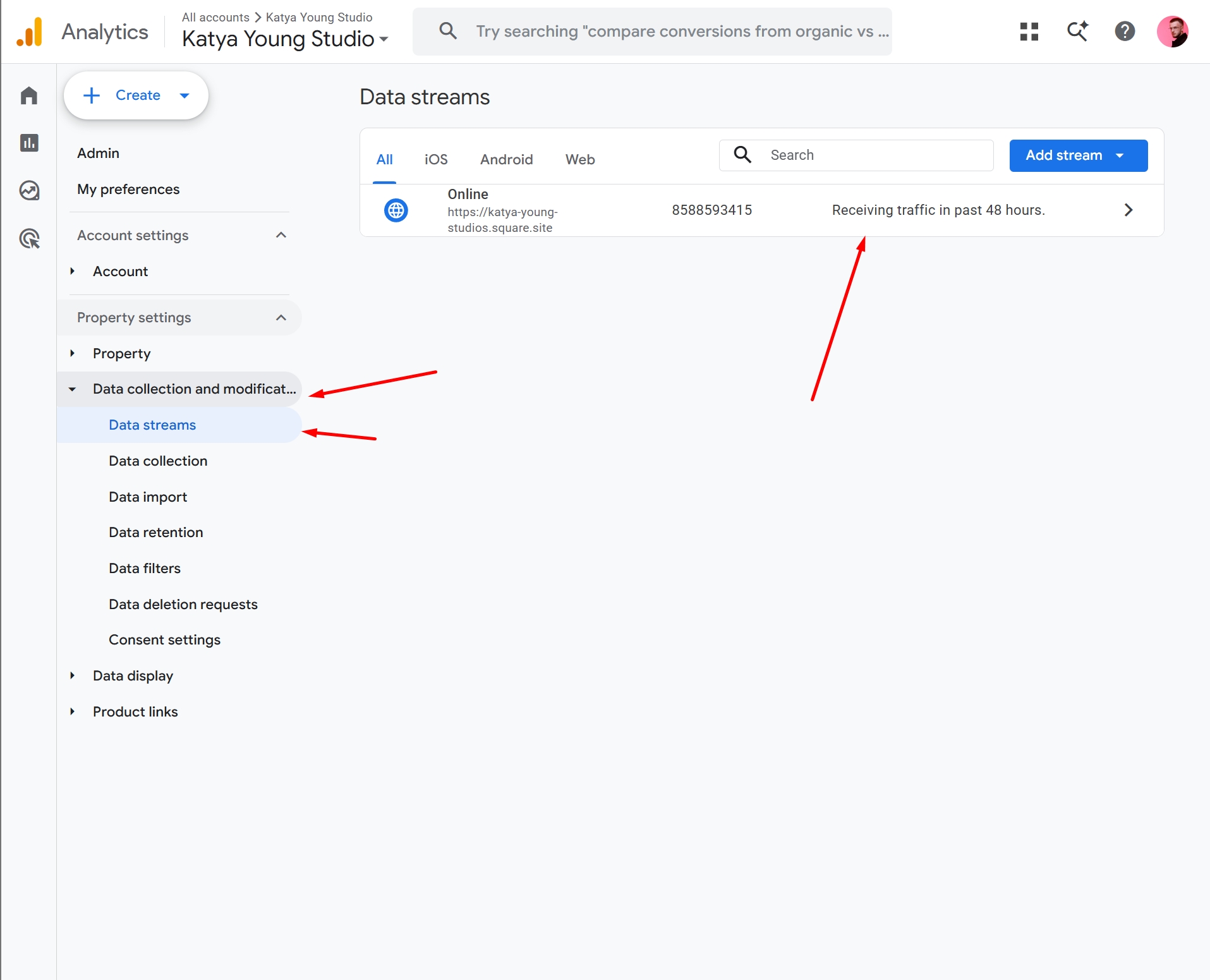 Google Analytics Admin panel with Property settings expanded to Data collection and modification, the Data streams item selected, and a single web stream listed showing its stream ID and a Receiving traffic in past 48 hours status